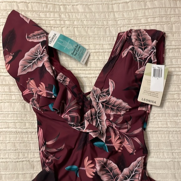 NWT Leonisa Burgundy Floral Deep V Ruffle Shoulder One Piece Swim Suit Sz. Large - Picture 11 of 15